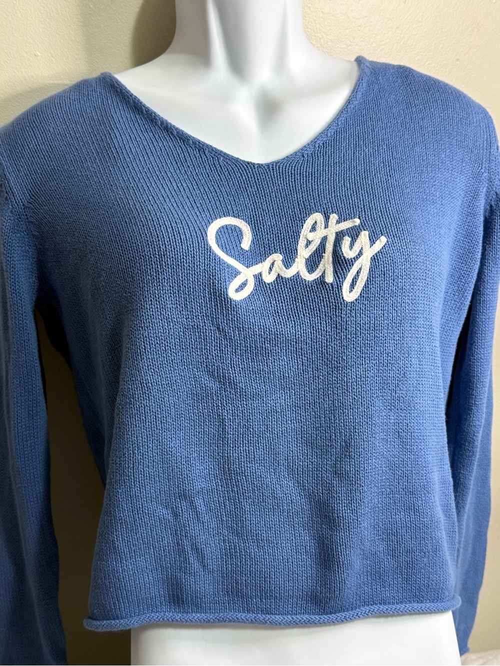 Salty Script V-Neck Sweater in Dusty Blue